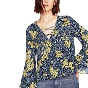 Zara Bell Sleeve Lace Up Blouse Women’s XS Blue yellow Floral